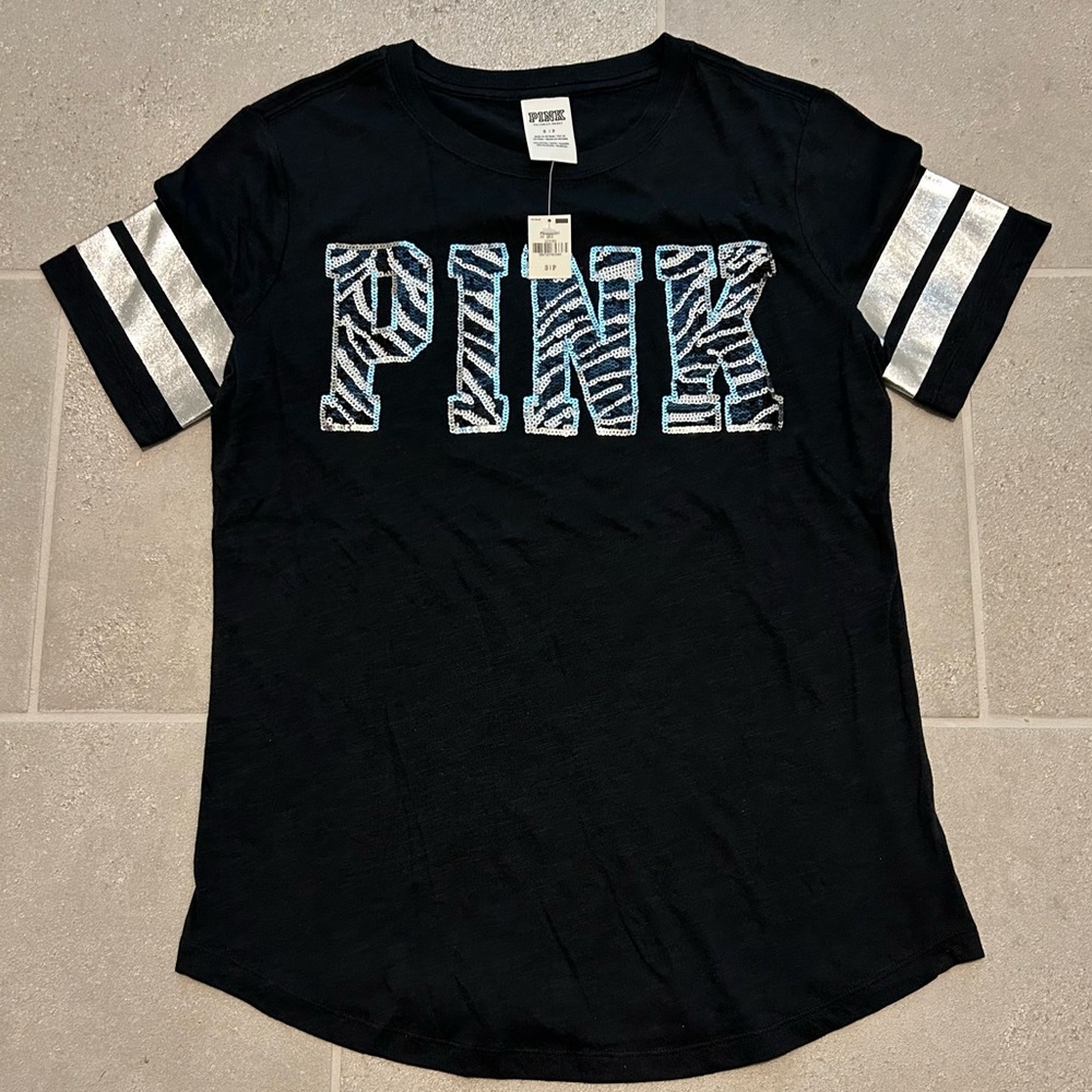 NWT PINK Victoria’s Secret Black and White Short Sleeve Top